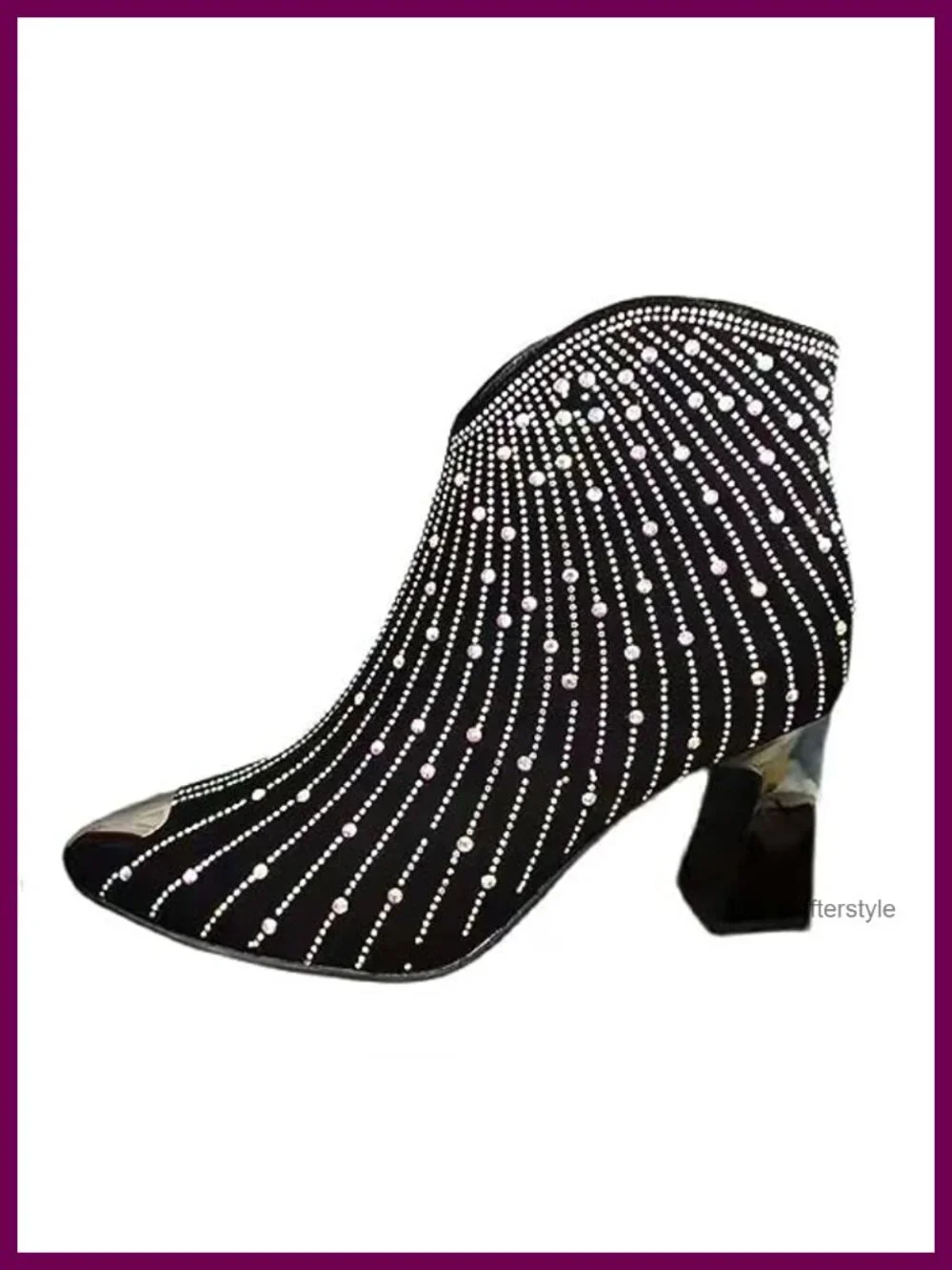 Women's Rhinestone Pointed Toe Chunky Heel Booties with Side Zipper